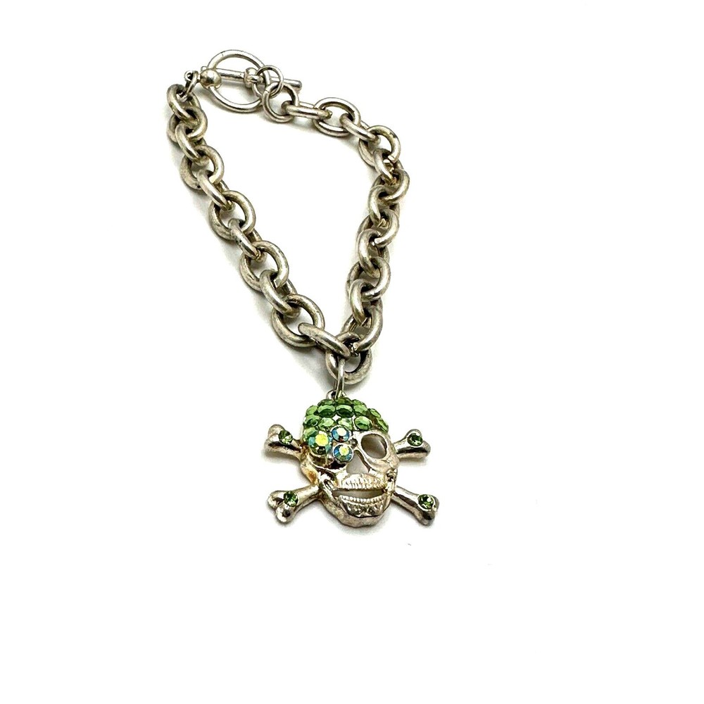Silver T. Chunky Chain Bracelet Skull & Crossbones Charm Rhinestones Sparkly 7.5